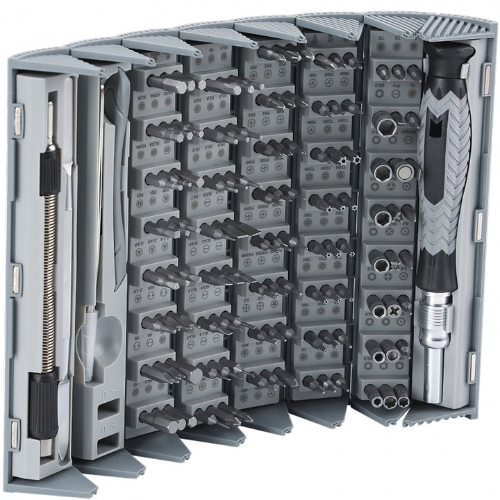 Отвертка 126 в 1, 120 прецизни бита, включени аксесоари, стомана S2 и хром-ванадий, кутия за съхранение, сиво