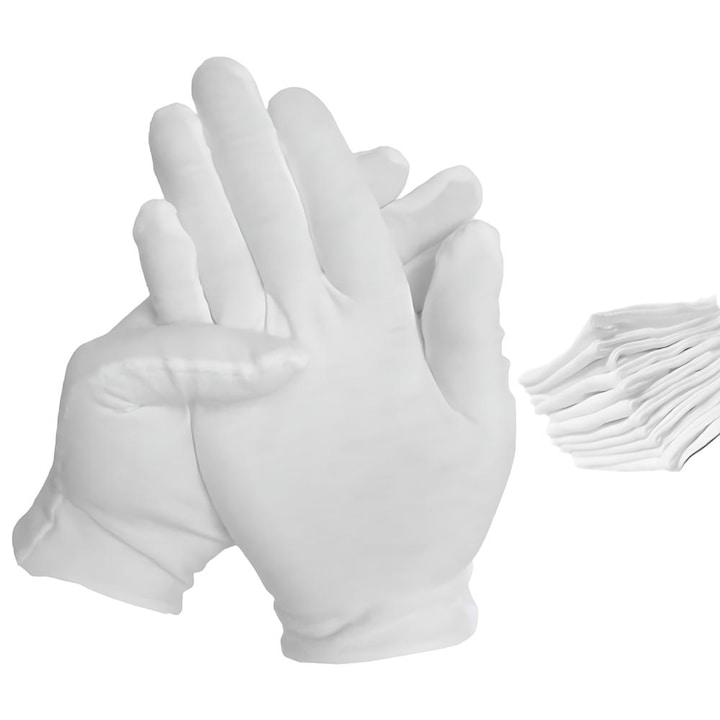 Set 12 perechi manusi, protectia muncii, Bumbac, 19 cm, Alb, usor si confortabil de purtat