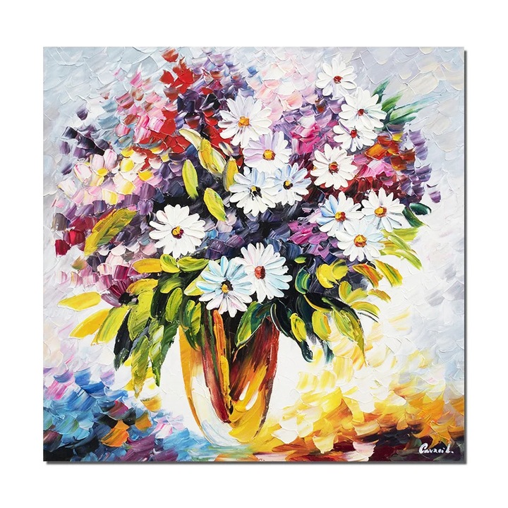 Tablou pictat manual living, dormitor, Vaza cu margarete, 60x60cm pictura ulei pe panza in cutit efect 3D