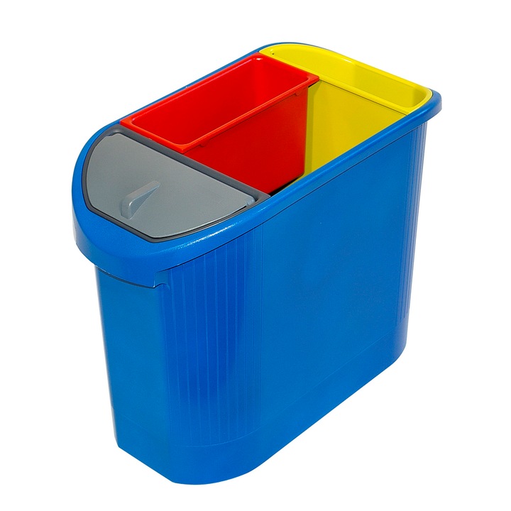 Кош за селективно събиране Exacompta Expert Plus, овална форма, с 3 вложки за селективно събиране, 26 L, син, 480x240x365mm