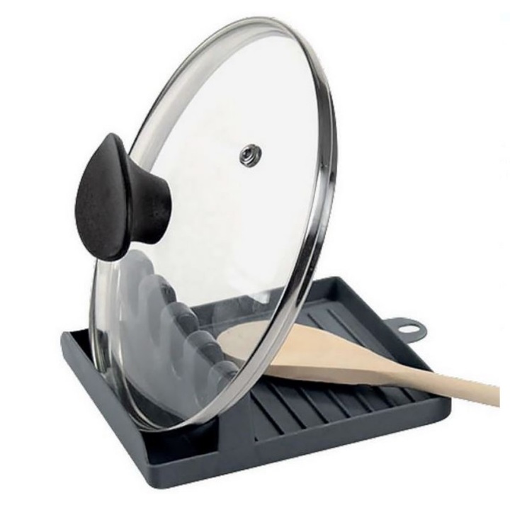 Двойна поставка за капак и лъжица M Deco, Пластмаса, 12,5x14x5 см, Сив