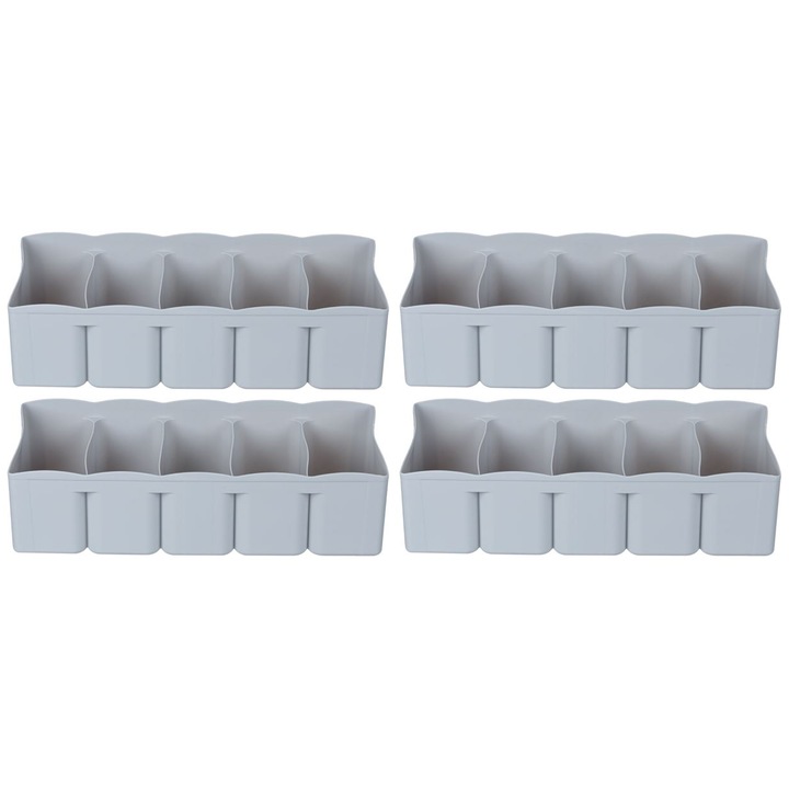 Set organizatoare sertare, Tisev, Plastic, 4 piese, 31x15, 5x8 Cm, Gri