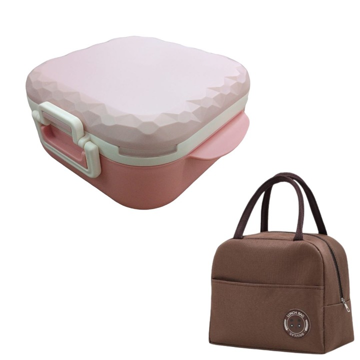 Caserola patrata, roz, material de inalta calitate, 900ml, Solid Volt, cu geanta termoizolanta maro