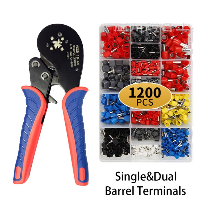 Комплект от 1200 двойни клемни щифта за електрически проводници и клещи за кримпване, пластмаса/стомана, 0,08-16 mm², многоцветни
