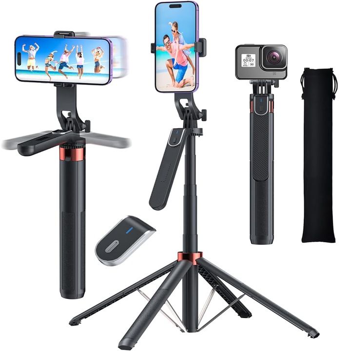 Регулируем телескопичен фото статив, 180 см, BYONDSELF® за камера/телефон, Bluetooth дистанционно управление, с пътна чанта и държач за телефон, черен