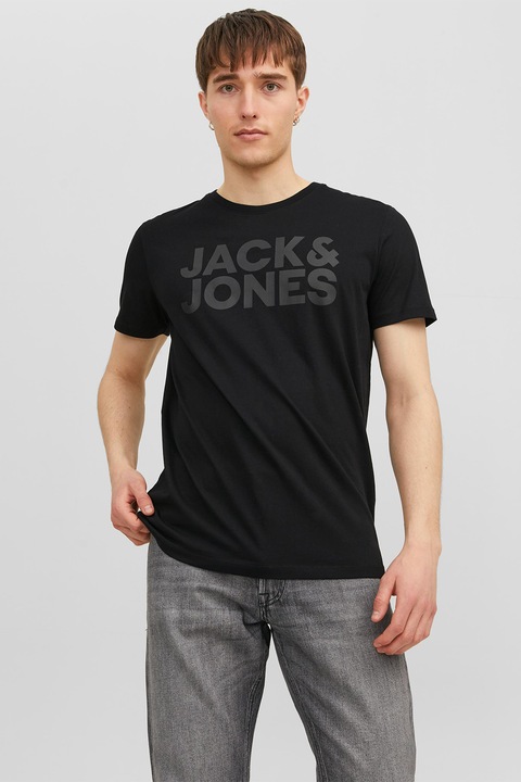 Jack & Jones, Organikuspamut póló gumis logóval, Koptatott fekete/Antracitszürke