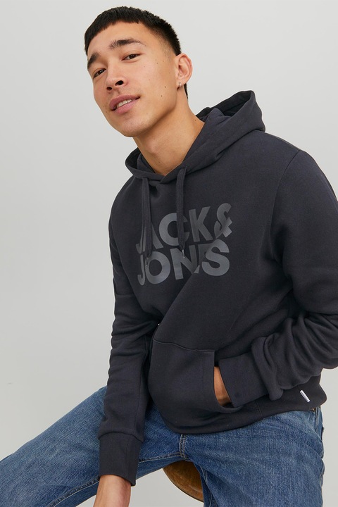Jack & Jones, Hanorac cu imprimeu, logo si buzunar kangaroo, Negru stins