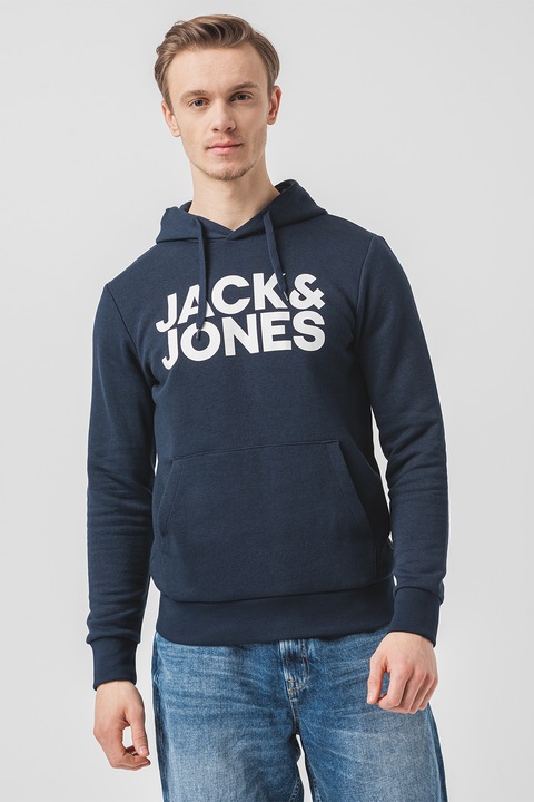 Jack & Jones, Hanorac cu imprimeu, logo si buzunar kangaroo, Bleumarin