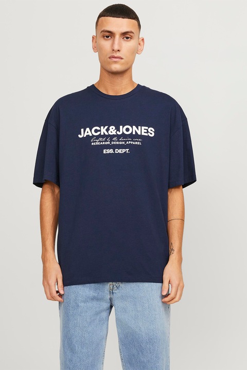 Jack & Jones, Памучна тениска с лого, Бял/Тъмносин