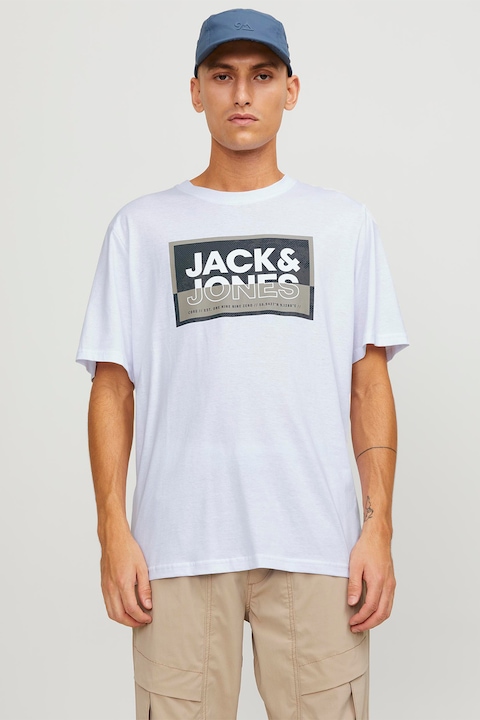 Jack & Jones, Тениска с лого и овално деколте, Светло кафяво/Бял/Черен