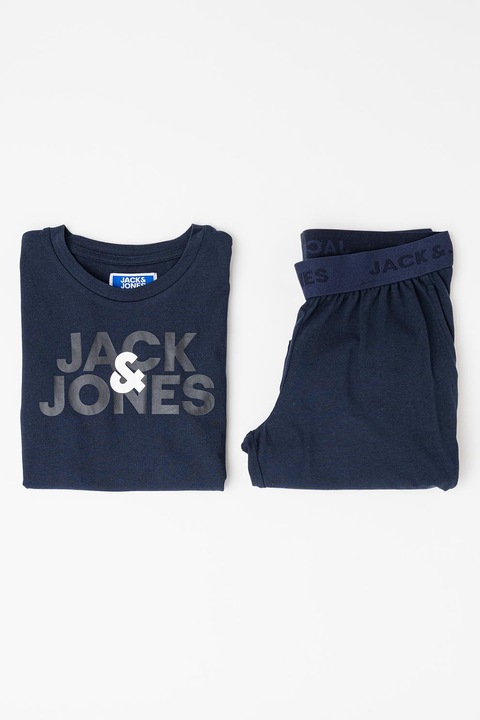 Jack & Jones, Памучна пижама с лого, Тъмносин