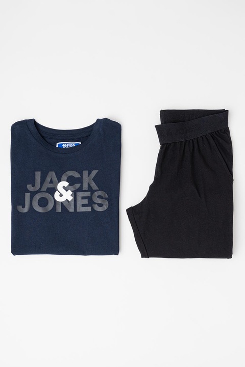 Jack & Jones, Памучна пижама с лого, Черен/Тъмносин