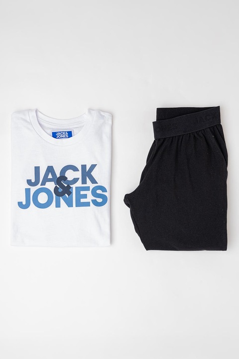 Jack & Jones, Памучна пижама с лого, Черен/Бял