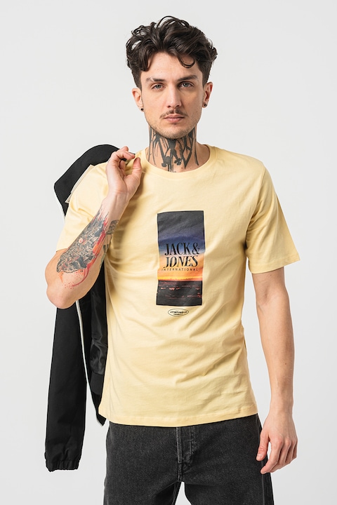 Jack & Jones, Тениска Lucca с лого и фото щампа, Сламеножълт