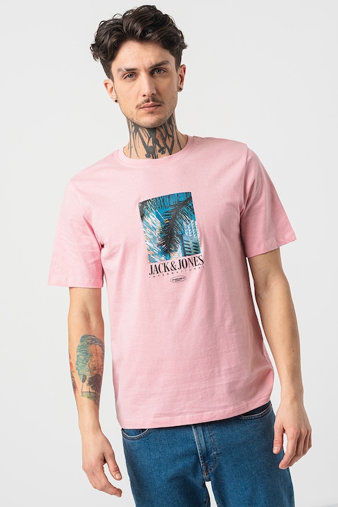 Jack & Jones, Тениска Lucca с лого и фото щампа, Розово