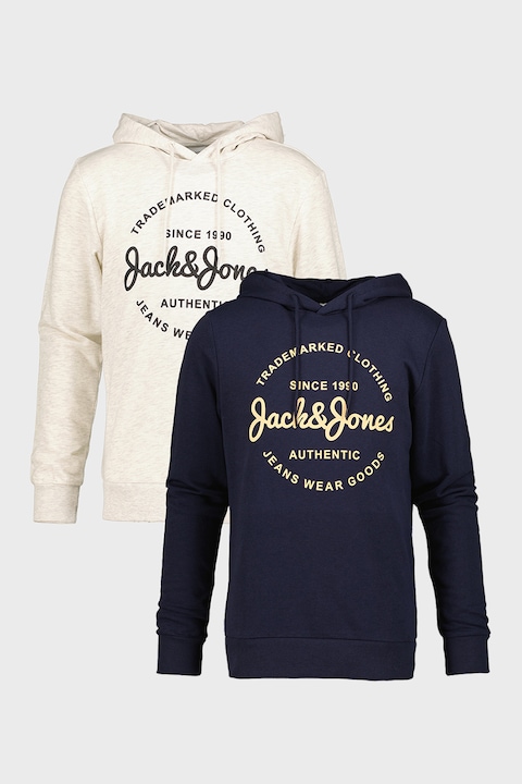 Jack & Jones, Kapucnis pulóver szett logómintával - 2 db, Melange világosszürke/Tengerészkék