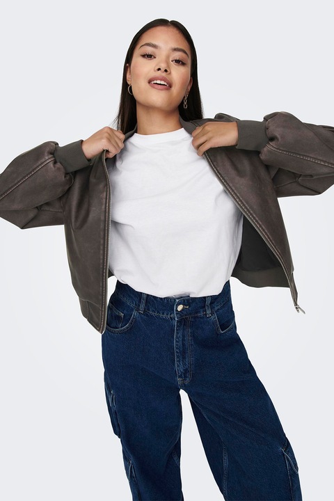 Only, Jacheta de piele ecologica cu terminatie elastica, Maro inchis, L