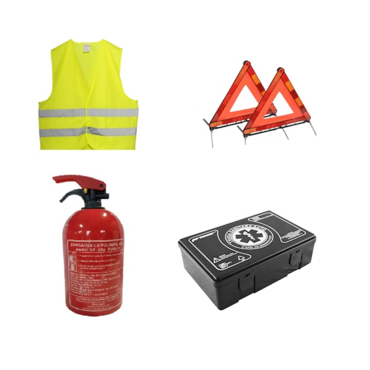 Комплект за безопастност, валиден 5 години, Медицински, Прахов пожарогасител, 2x Триъгълник, Светлоотразителна жилетка