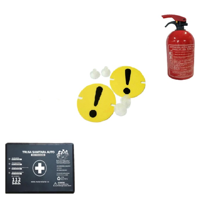 Kit siguranta auto valabilitate 5 ani, Trusa medicala, Stingator cu pulbere, Semne incepator cu ventuza