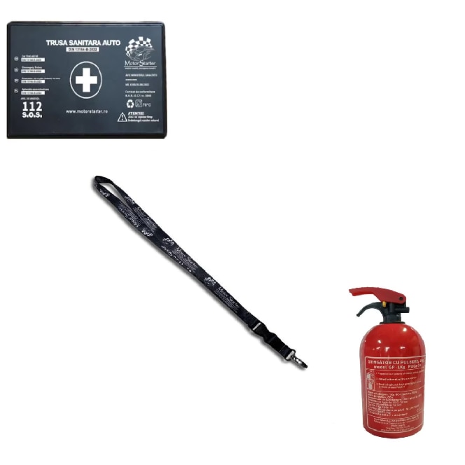Kit siguranta auto valabilitate 5 ani, Trusa medicala, Stingator cu