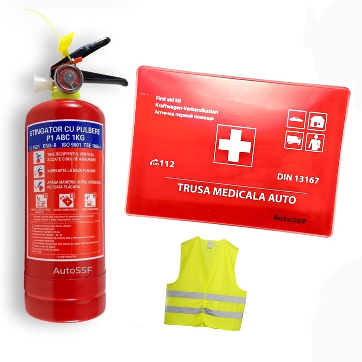 Set trusa sanitara auto de prim ajutor mica + stingator cu pulbere P1 valabilitate 5 ani + vesta reflectorizanta AutoSSF ®