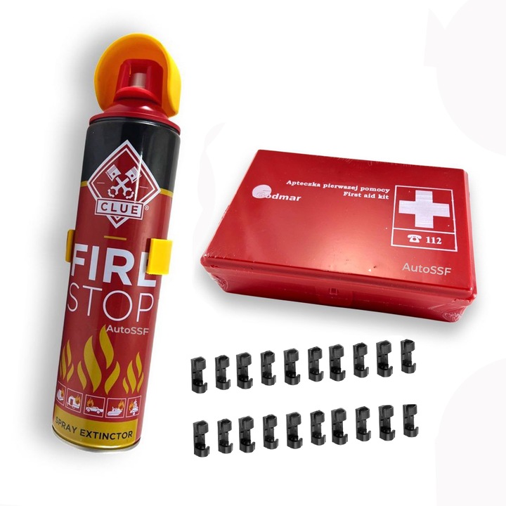 Set trusa AUTO compacta de prim ajutor + Stingator spray 1000ml valabilitate 5 ani + set 20 cleme organizatoare AutoSSF ®