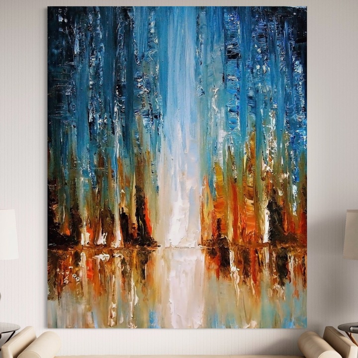 Картина върху платно LuxCanva B1120, Абстрактен водопад, Дървена рамка, Хол, Абстрактен, Водопад, Син, Спалня, Спокойствие, 100 X 120 см, 100% памучно платно 400 г/м2, Ярки цветове