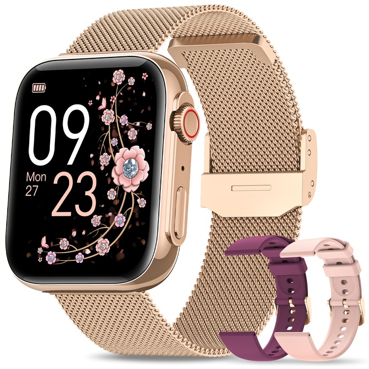 FOSMET® 2-в-1 Smartwatch и фитнес гривна, 1,91-инчов HD екран, три гривни, Bluetooth разговори, пулс/кръвно налягане/SpO2/наблюдение на съня, повече от 120 спортни режима, известия за съобщения, автономност от 7 дни, розово злато