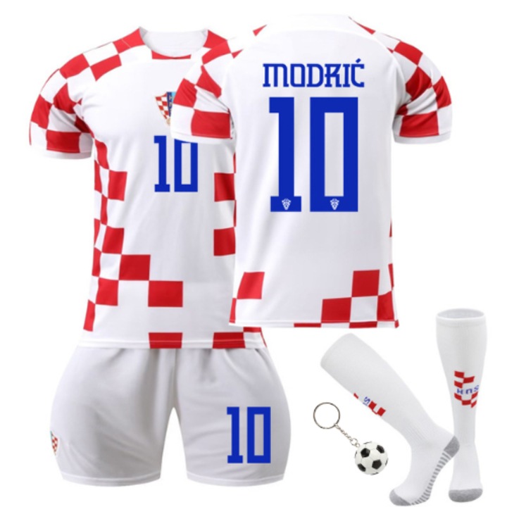 Детско спортно оборудване, Party Chili®, футболна фланелка Modric No.10, сезон 2022/2023, безплатен ключодържател, комплект от 4, полиестер, червен, Червен