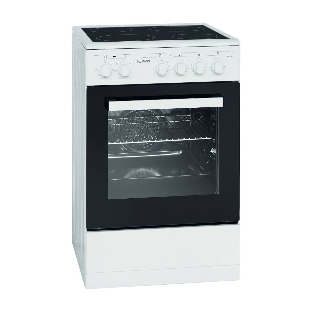 Aragaz electric Bomann, EHC7939, 50 cm, clasa A, consum redus, plita vitroceramica, 4 zone de gatit, aprindere electrica, cuptor electric 43 litri, 9 functii de gatit, temperatura maxima 240°C, lumina interioara, usa detasabila, alb