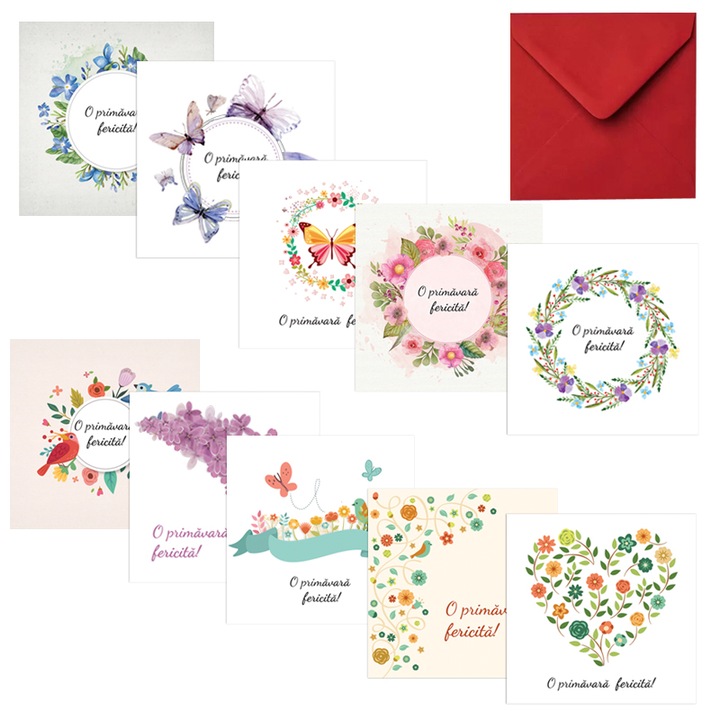 Set 10 felicitari martie mix grafic, 130x130 mm, cu plicuri rosii