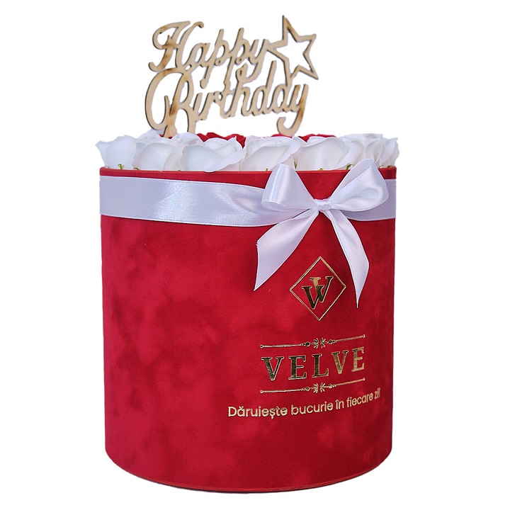 Флорална аранжировка в червена кръгла кутия с 25 бели/червени сапунени рози и послание "Happy Birthday", Velve