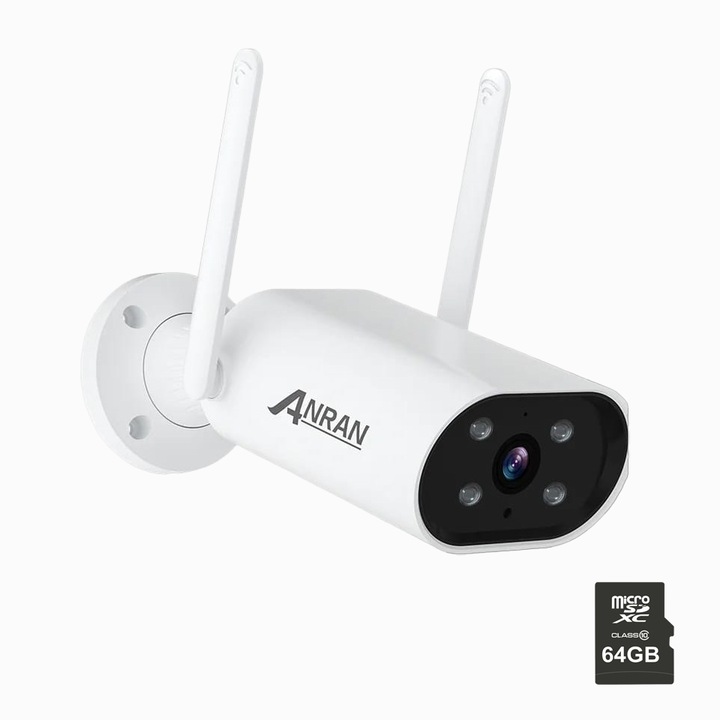 Camera de supraveghere Anran, 3MP, interior/exterior, 4X zoom, rezistenta la apa, tehnologie HDR, sunet bidirectional, senzor miscare, Wi-Fi, card memorie 64GB, alb
