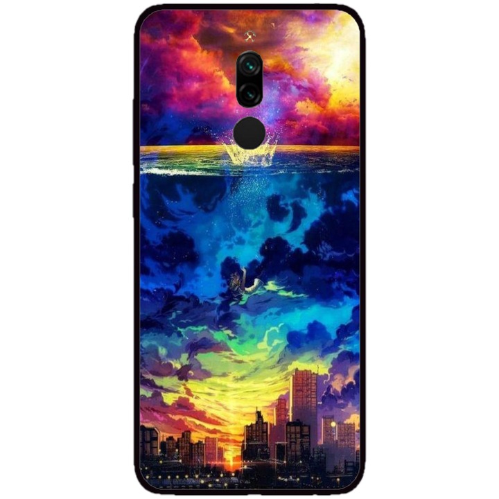 Husa personalizata HQPrint si Folie de Silicon pentru Xiaomi Redmi Note 8 Pro, model Abstract City, multicolor, S1D1M0263