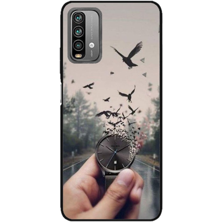 Husa personalizata HQPrint si Folie de Silicon pentru Xiaomi Redmi Note 9 Pro Max, model Time Flies #2, multicolor, S1D1M0365