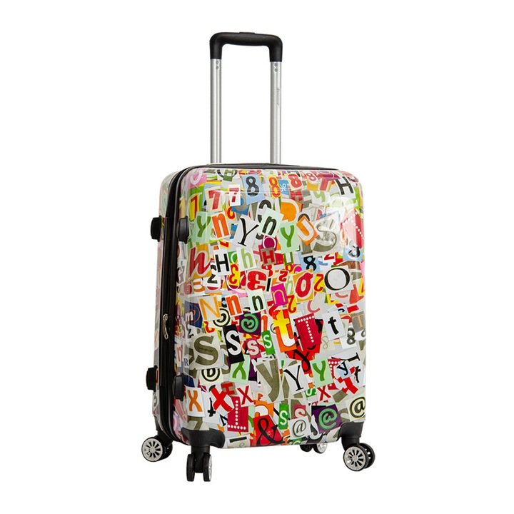 Куфар Madisson SW36820F, Среден, Поликарбонат, Разтегателен, с 4 колела, 67 cm, Многоцветен/Печат