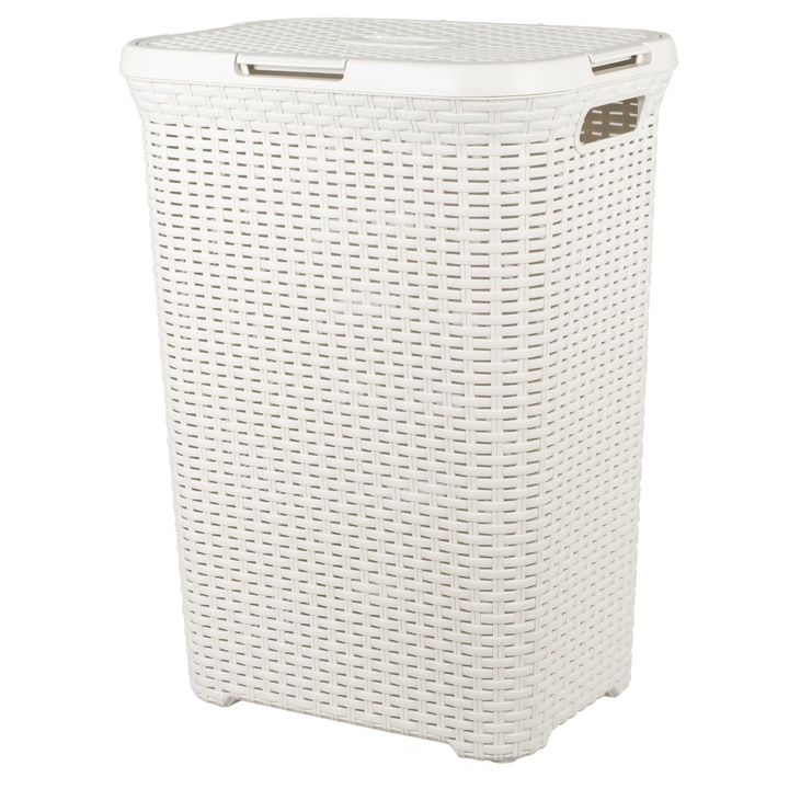 Cos de rufe, cu capac, plastic, rattan, 40L, 62 x 45 x 27cm, Crem