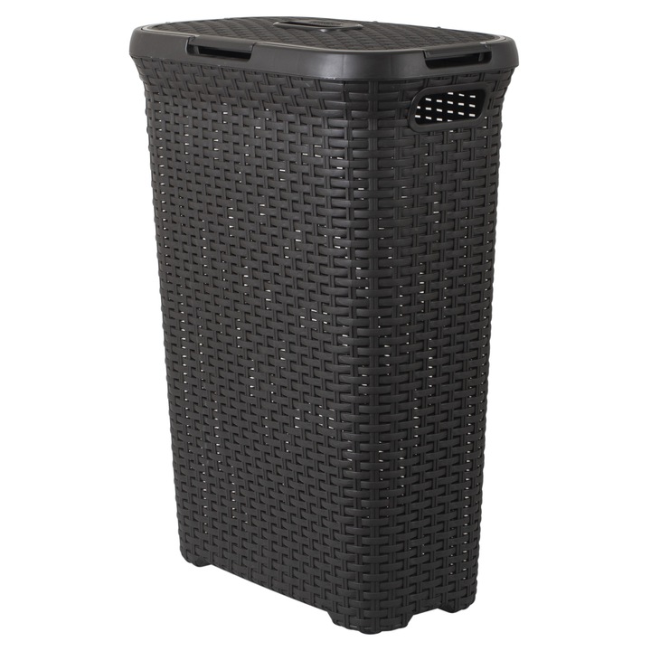 Cos de rufe, cu capac, plastic, rattan, 40L, 62 x 45 x 27cm, Maro