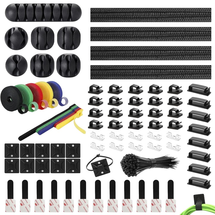 Set 204 piese pentru organizatoare cabluri, Hggzeg, Non-toxice si super rezistente, Legare si organizare, Usor de utilizat, Potrivit pentru toate suprafetele curate, Diferite dimensiuni, Silicon/PET, Negru