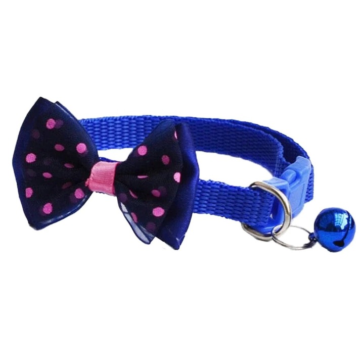 Zgarda pentru pisici si caini mici, cu funda, ajustabila 18-32cm/1cm, Albastru