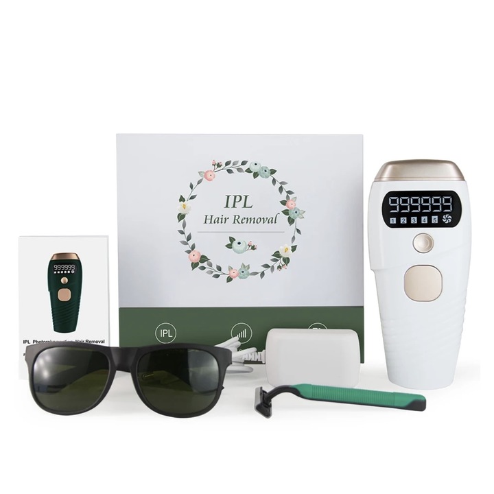 Sapphire Green IPL Szőrtelenítő készlet, végleges, fájdalommentes, 999 999 impulzus, 3 intenzitási fokozat, tartós lézeres eltávolítás, intelligens bőr bőrérzékelő, fájdalomcsillapító hűtési mód, LCD kijelző, védőszemüveg és borotva, zöld
