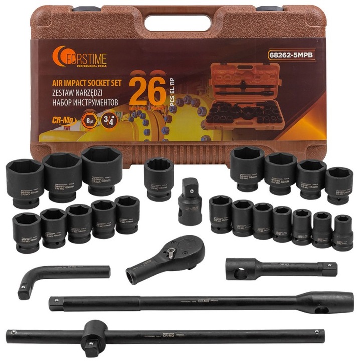 Ütőkulcs készlet, FORSTIME, 3/4'', 17-65mm, 6 pontos, 26 db, Fekete