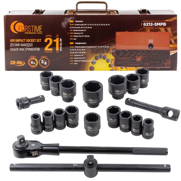 Set chei de impact, FORSTIME, 3/4'', 21 buc, 6 puncte, 17-50mm, Negru