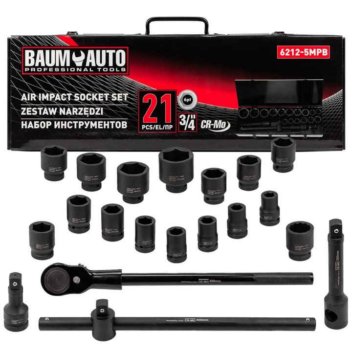 Set 21 chei de impact, BaumAuto, 3/4'', 17-50 mm, Negru