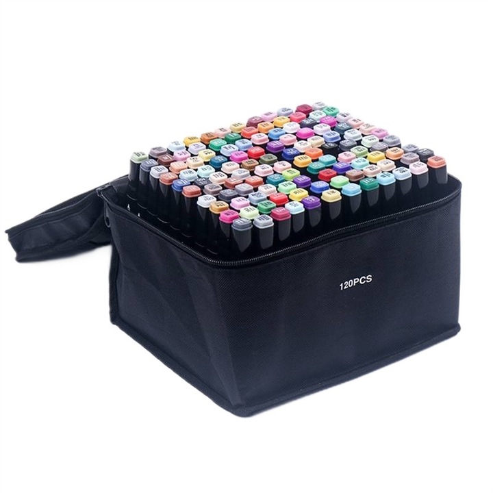 Set 120 markere duble WePro Store, profesionale, subtire si gros, cerneala pe baza de alcool, geanta de depozitare, Multicolore