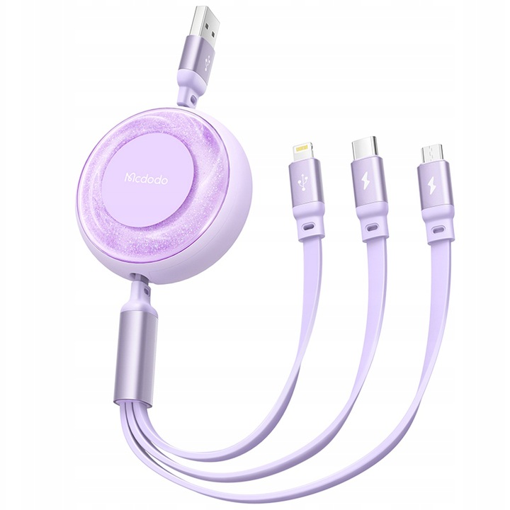 Adat-és töltőkábel 3in1, Mcdodo, gyorstöltés USB - USB-C + Lightning + Micro USB, Apple CarPlay / Android auto / Samsung / iPhone / Xiaomi / Oppo, Lila