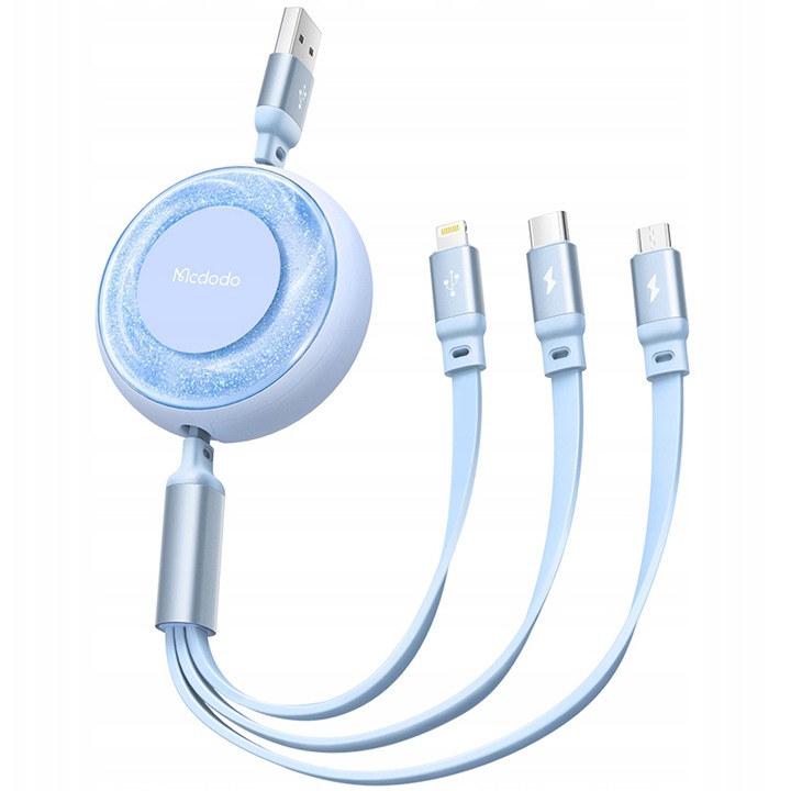 Adat-és töltőkábel 3in1, Mcdodo, gyorstöltés USB - USB-C + Lightning + Micro USB, Apple CarPlay / Android auto / Samsung / iPhone / Xiaomi / Oppo, Kék
