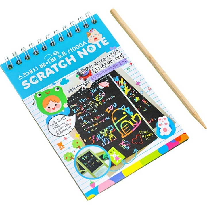 Caiet cu fise razuibile Flippy, DIY Magic Scratch, 12 File, Curcubeu, Creion din Lemn, Cartonase negre, A6, Multicolor