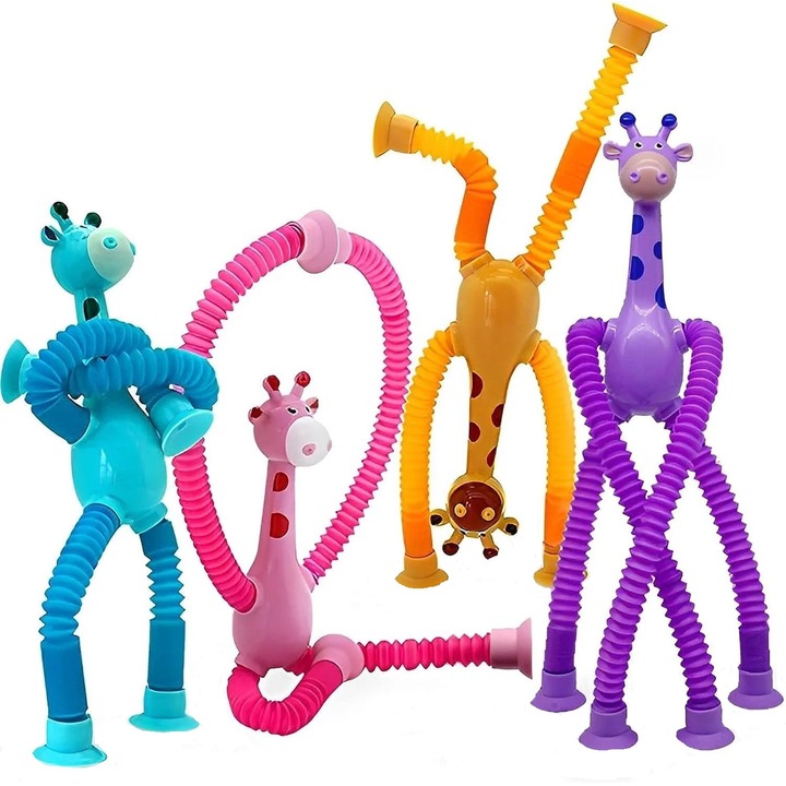 Set 4 jucarii interactive, Girafe XL, cu ventuza telescopica, Plastic, Multicolor, PROMERCO®