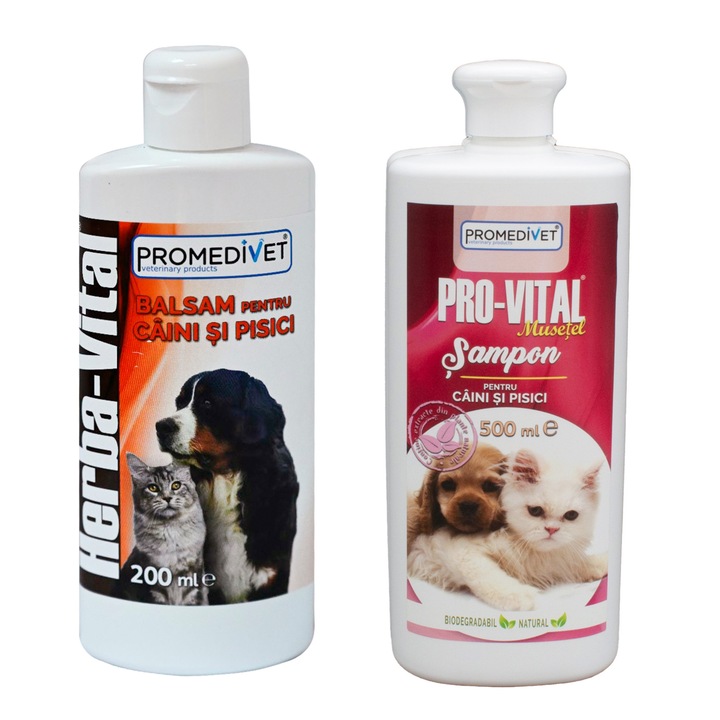 Pachet Sampon Pro-Vital cu Mutetel, 500ml, Calmeaza si Revitalizeaza Pielea Iritata si Sensibila si Balsam Herba Vital cu Extracte din Plante Medicinale, cu Proprietati Hidratante si Nutritive pentru Epiderma si Par, 200ml, pentru Caini si Pisici